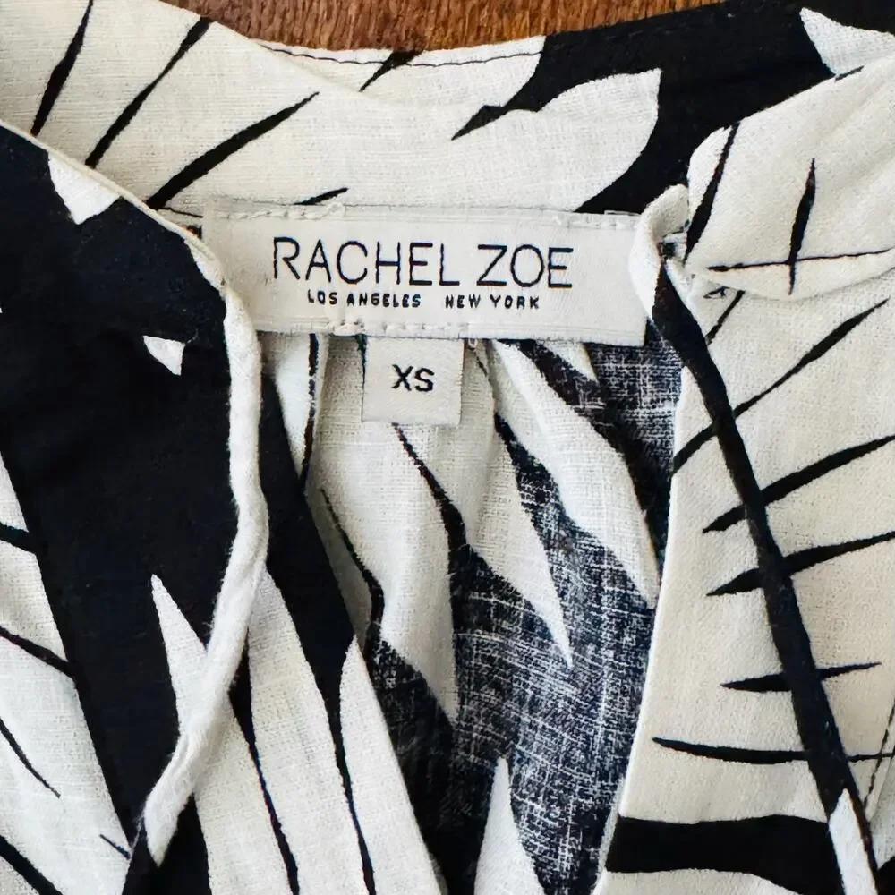 Rachel Zoe Black White Linen Blend Puff Sleeve Boho Blouse Top Womens Sz XS NWOT